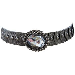 Vintage Brutalist  Bling Metal Stretch Belt Large Oval Crystal Whimsy Goth